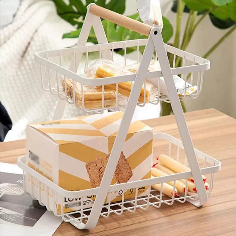 2-tier metal fruit basket with wooden handle – view 3