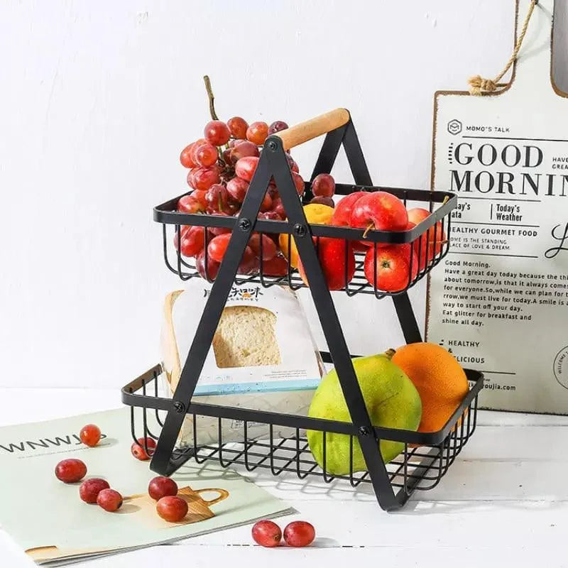 2-tier metal fruit basket with wooden handle – view 4