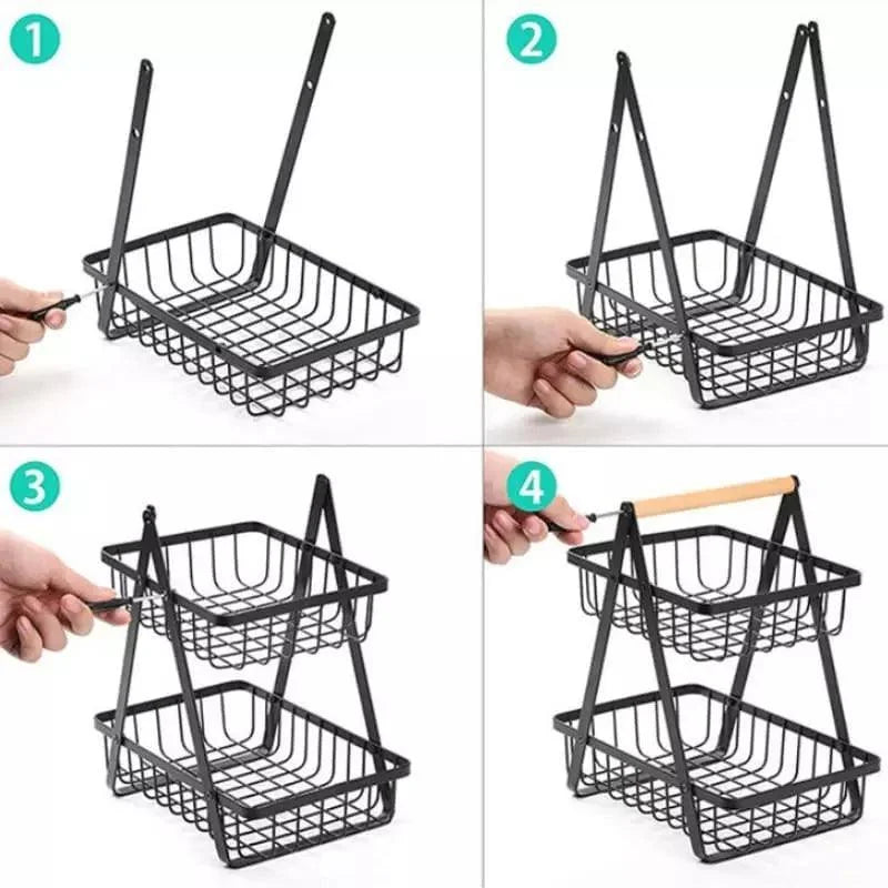 2-tier metal fruit basket with wooden handle – view 6
