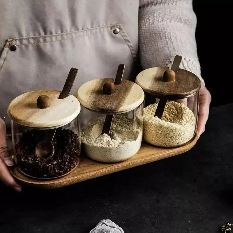 280ml glass storage jar set with wooden lids