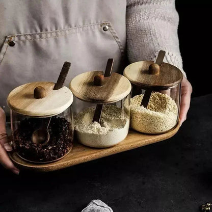 280ml glass storage jar set with wooden lids
