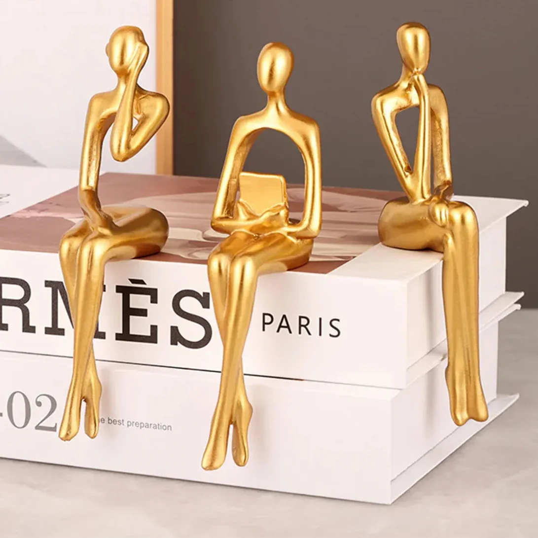 3-Piece Gold Abstract Thinker Resin Sculpture Set