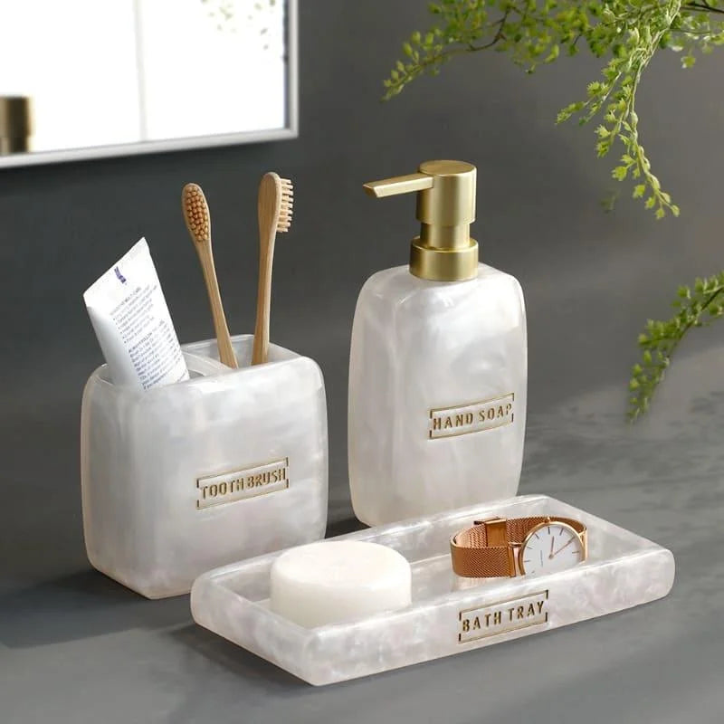 3-piece pearl resin bathroom set with Gold accents