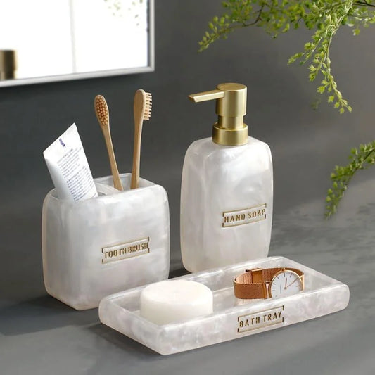 3-piece pearl resin bathroom set with Gold accents
