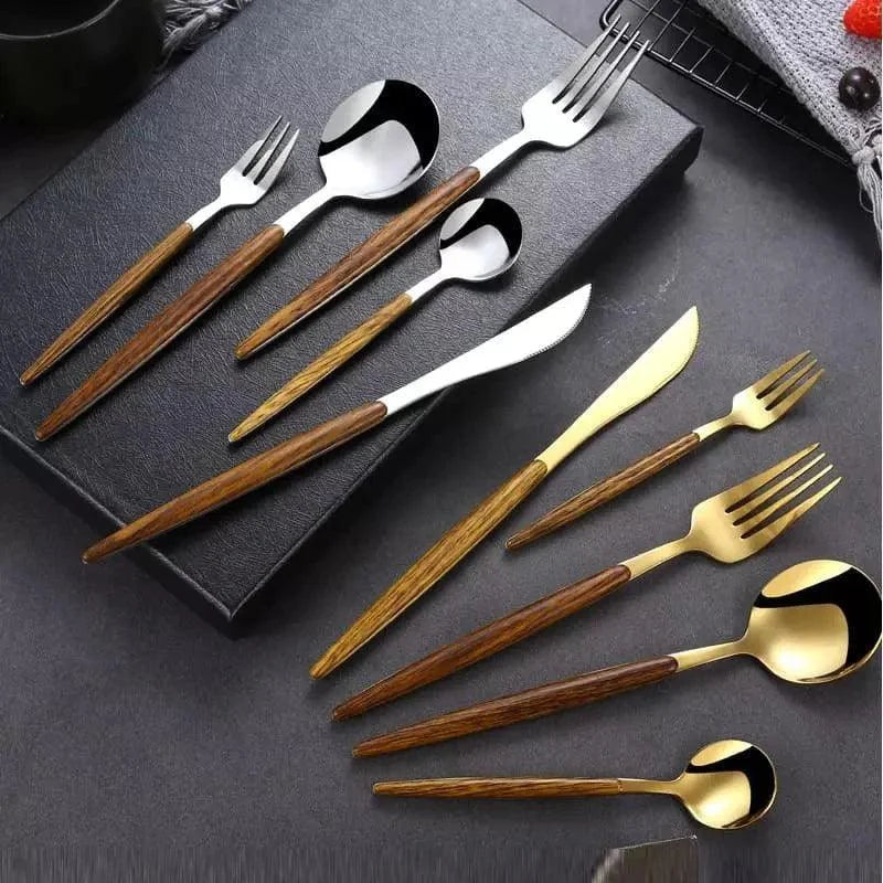 30-piece flatware set with wood-look handles