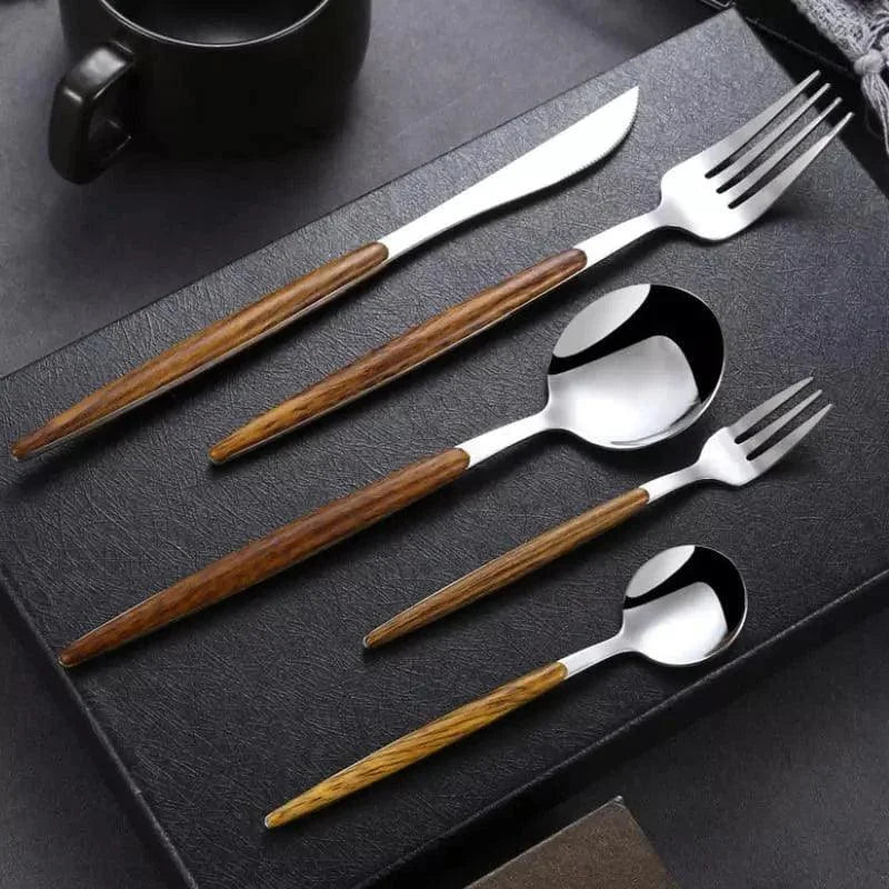 30-piece flatware set with wood-look handles – view 2