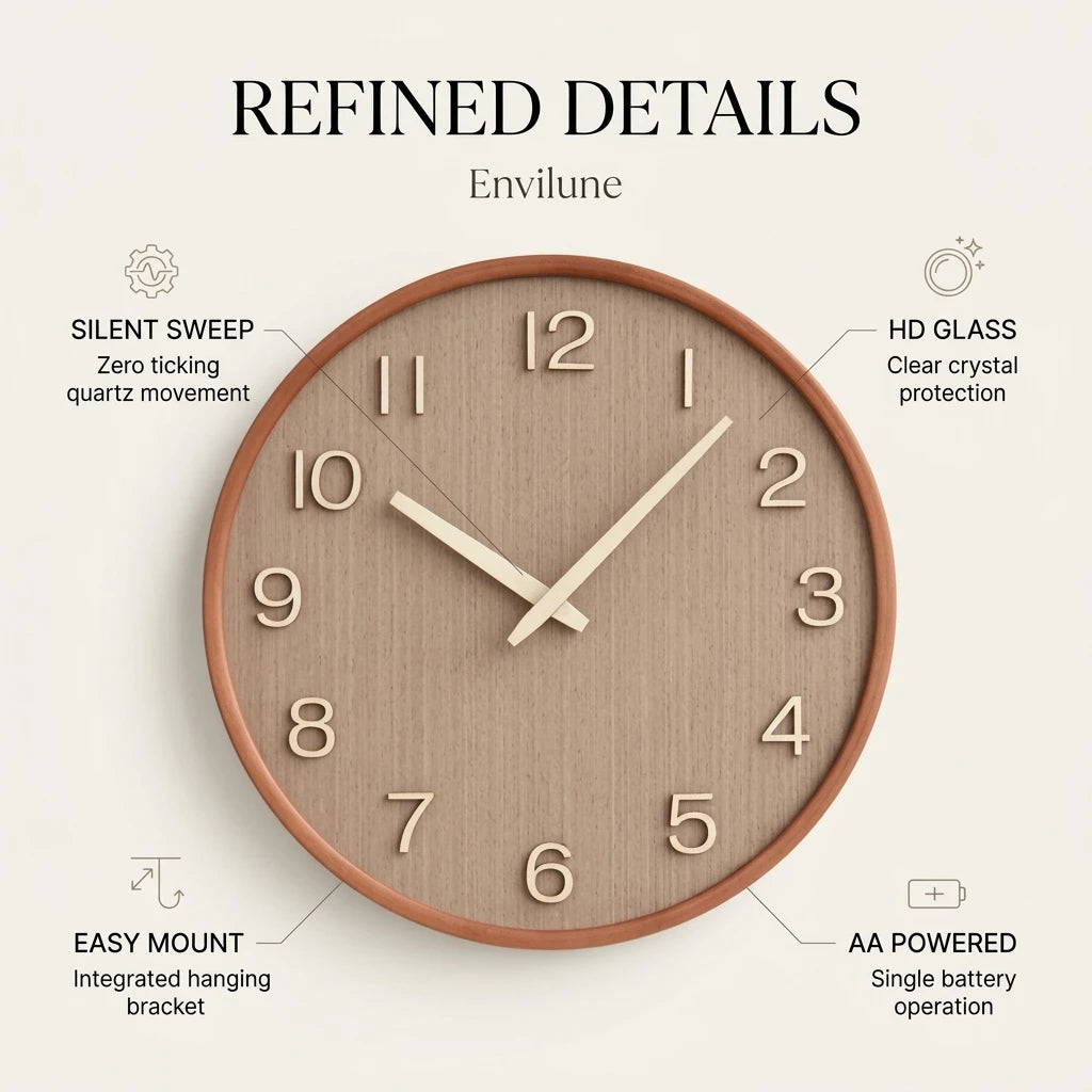 Envilune 30cm Cremona Dark Wood Wall Clock - Silent Quartz Movement, HD Glass and Craftsmanship Details