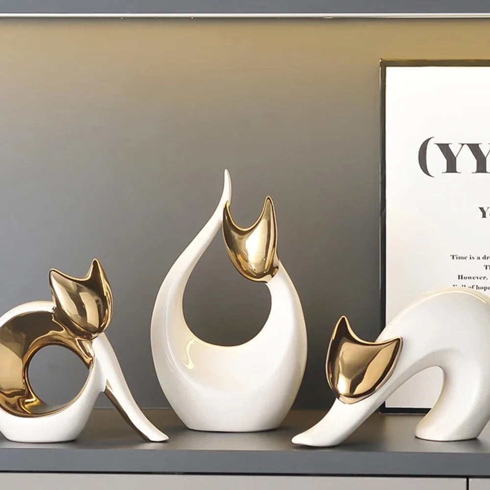Abstract Porcelain Cat Sculpture – Gold or Silver, 3 Designs