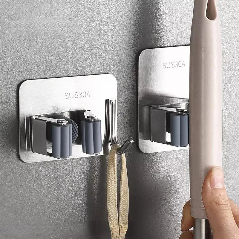Adhesive Stainless Steel Broom & Mop Holder with Hook – view 3