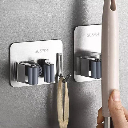 Adhesive Stainless Steel Broom & Mop Holder with Hook – view 3