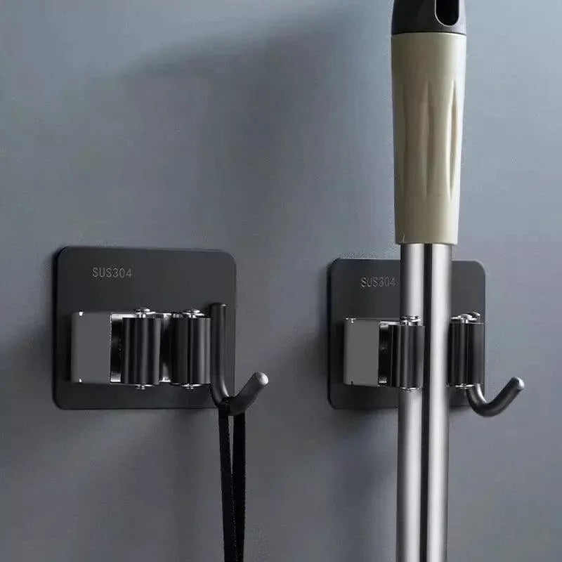 Adhesive Stainless Steel Broom & Mop Holder with Hook – view 5