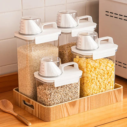 Airtight dry food dispenser with measuring cup