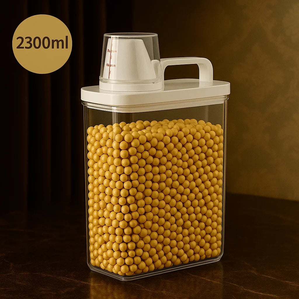 Airtight dry food dispenser with measuring cup – view 15