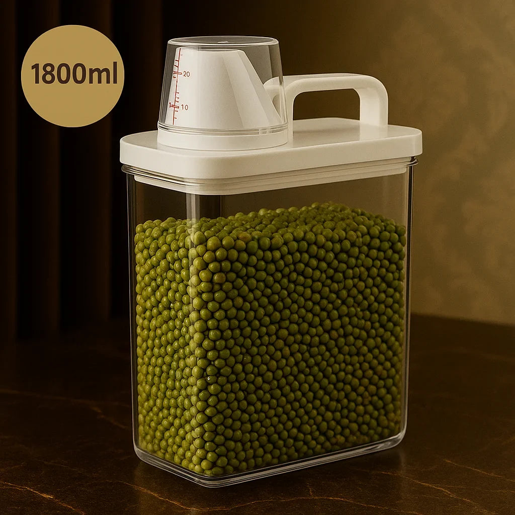 Airtight dry food dispenser with measuring cup – view 16