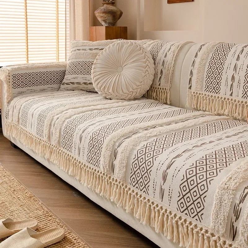 Beige Boho 3D Cotton-Linen Sofa Protector