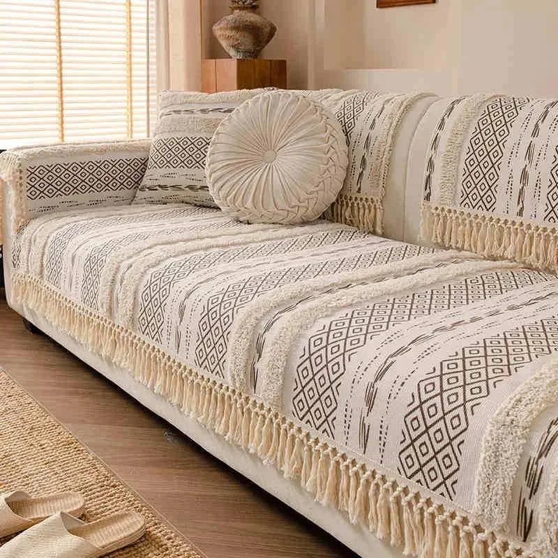 Beige Boho 3D Cotton-Linen Sofa Protector – view 8
