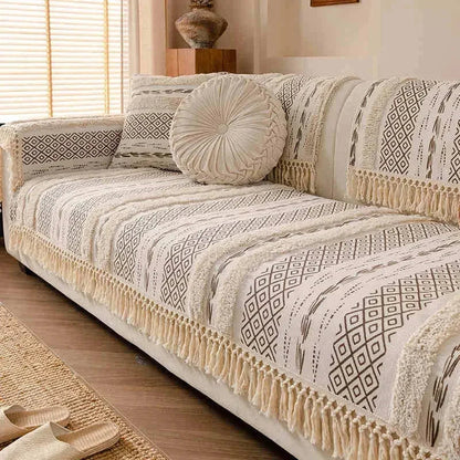 Beige Boho 3D Cotton-Linen Sofa Protector – view 8