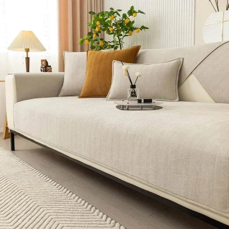 Beige Chenille Non-Slip Sofa Protector