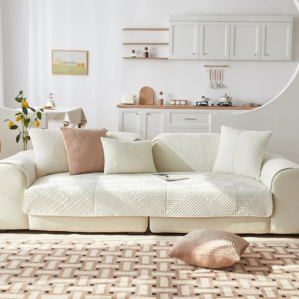 Beige Crystal Velvet Non-Slip Sofa Protector