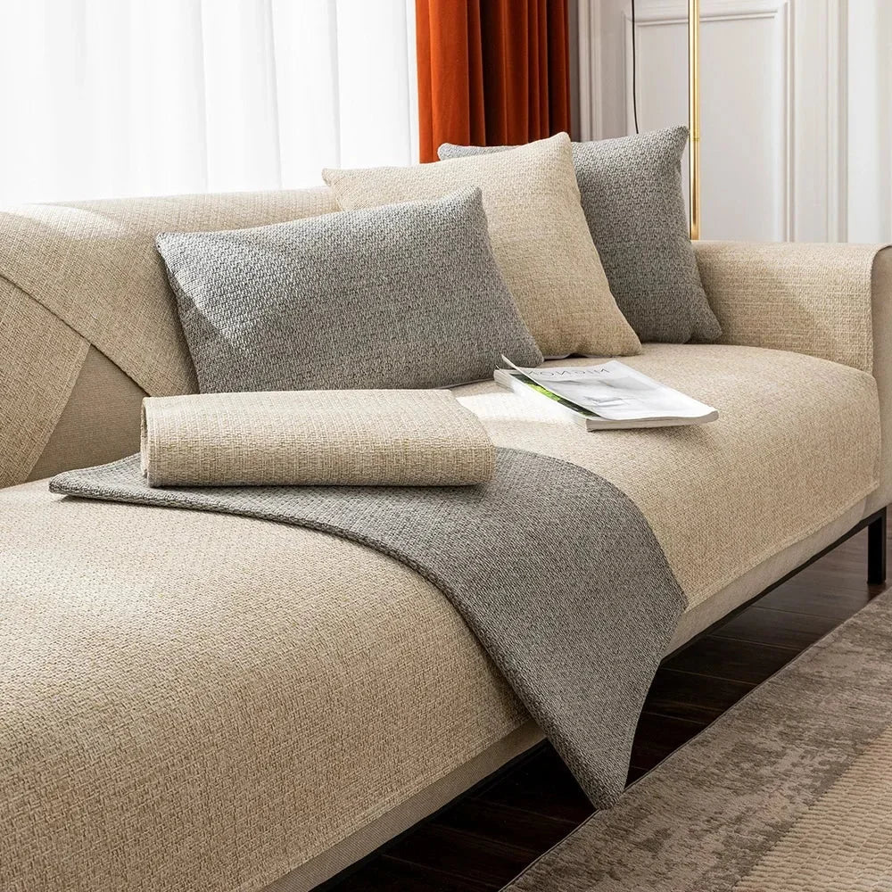 Beige Extra-Weight Cotton-Linen Sofa Protector