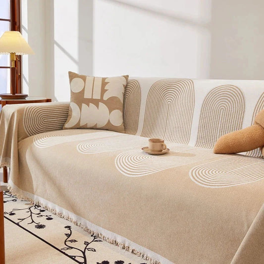 Beige Fringed Sofa Protector Throw