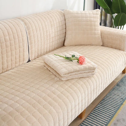 Beige Plush Velvet Check Sofa Protector – view 3