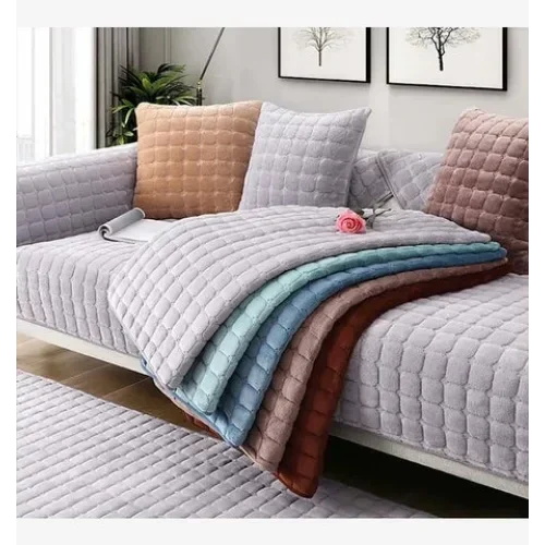 Beige Plush Velvet Check Sofa Protector – view 4