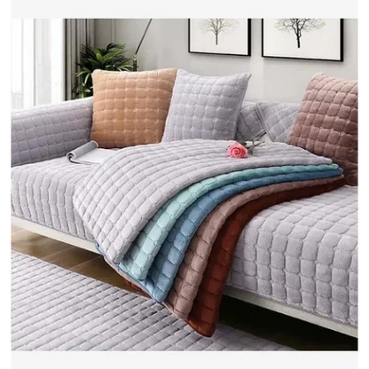 Beige Plush Velvet Check Sofa Protector – view 4