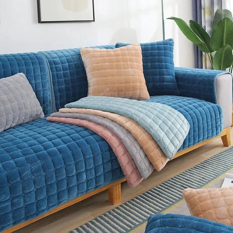 Beige Plush Velvet Check Sofa Protector – view 6