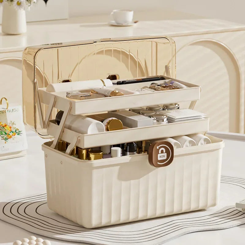 Beige Portable Makeup Organiser with Handle & Dividers