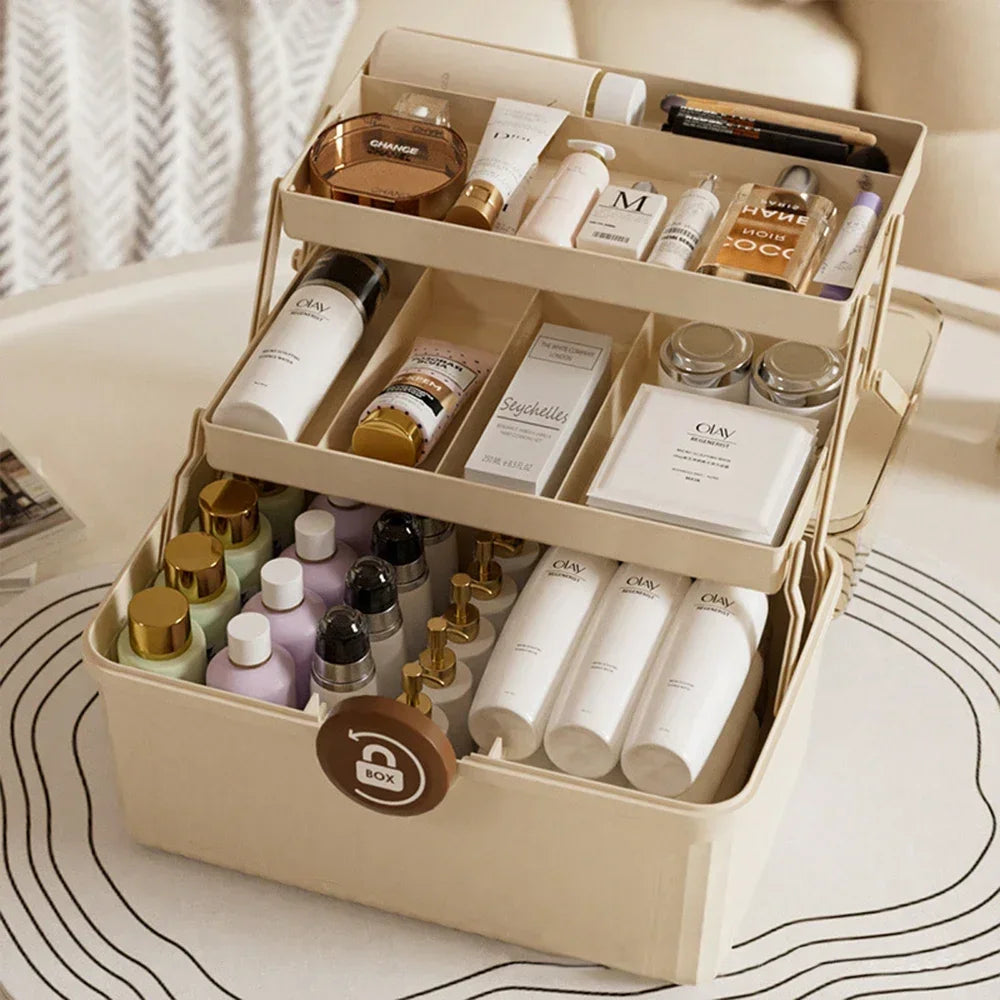 Beige Portable Makeup Organiser with Handle & Dividers – view 2