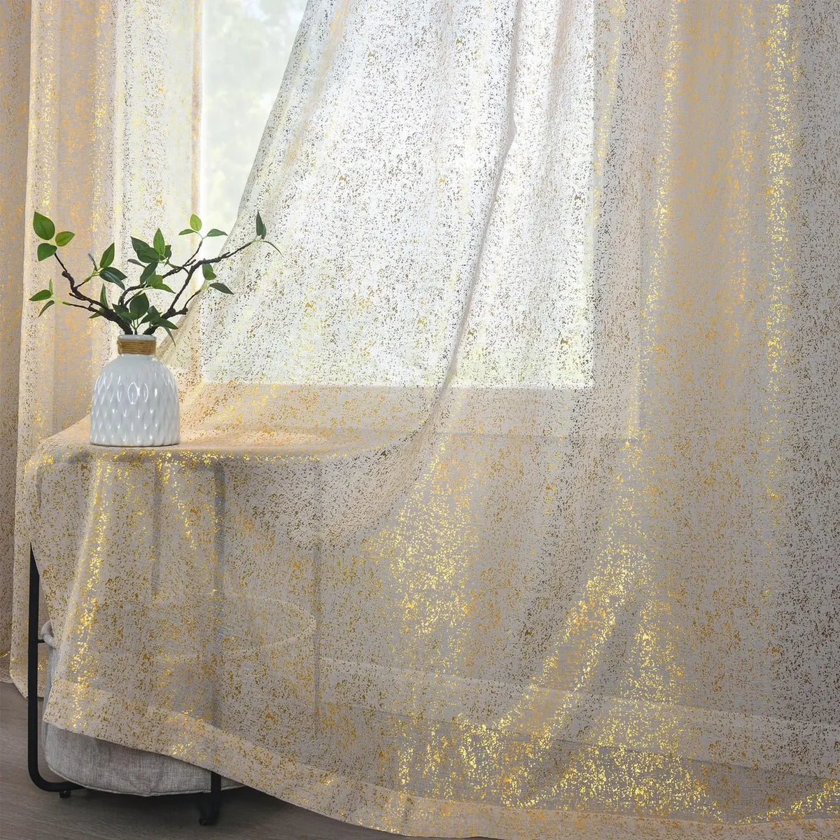 Beige Sheer Voile Curtain Panel with Gold Foil Dots – view 2