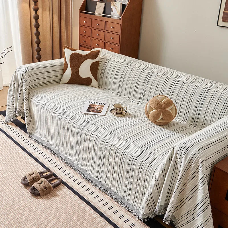 Beige Striped Chenille Sofa Protector