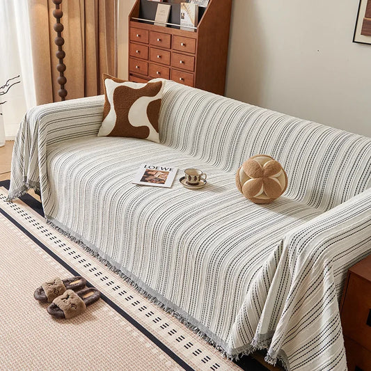 Beige Striped Chenille Sofa Protector
