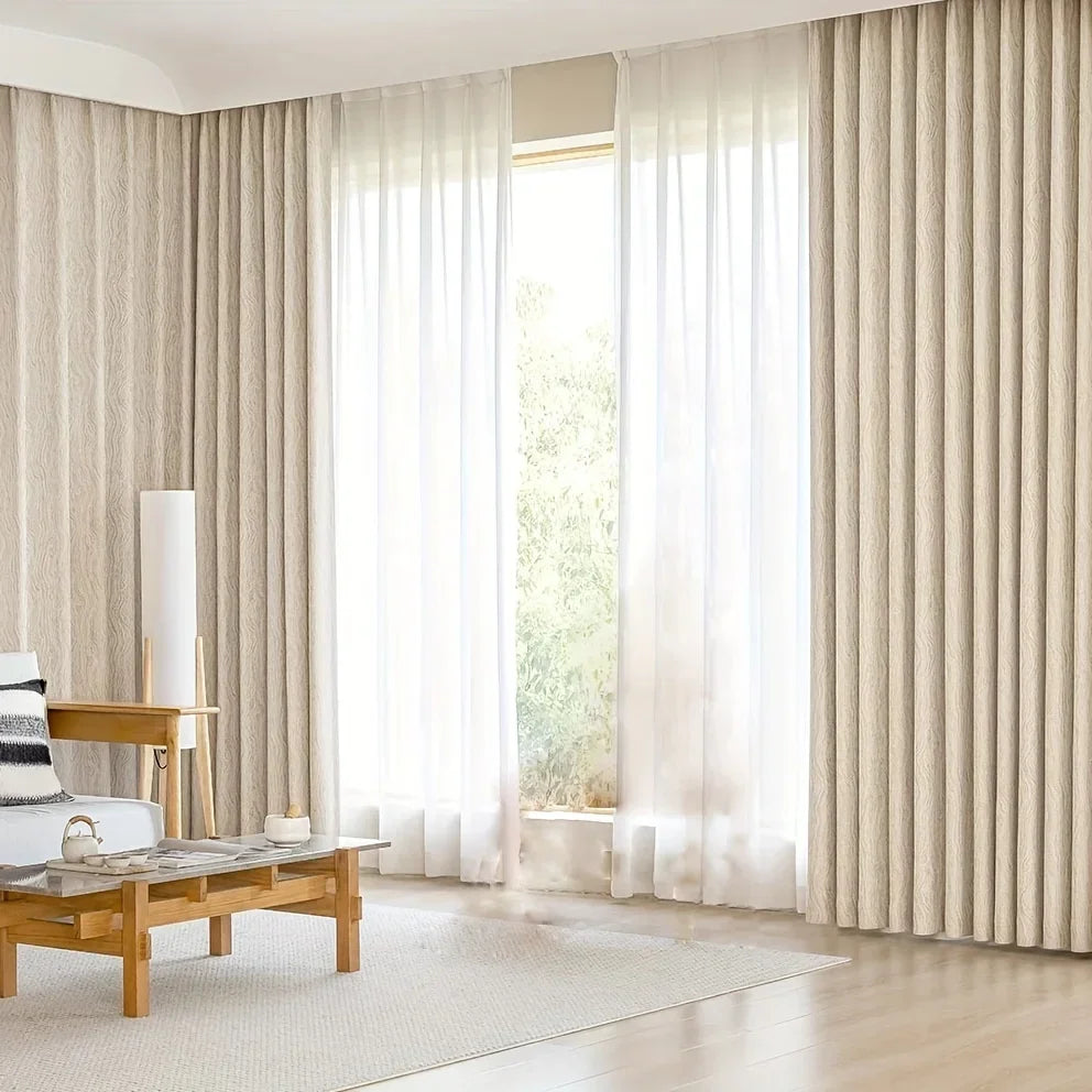 Beige Striped Jacquard 90% Blackout Curtain Panel