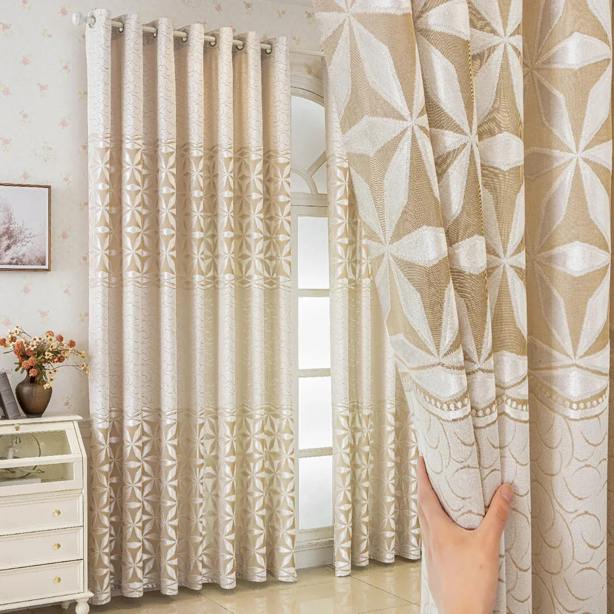 Beige Velvet Blackout Curtain Panel with Geometric Embroidery