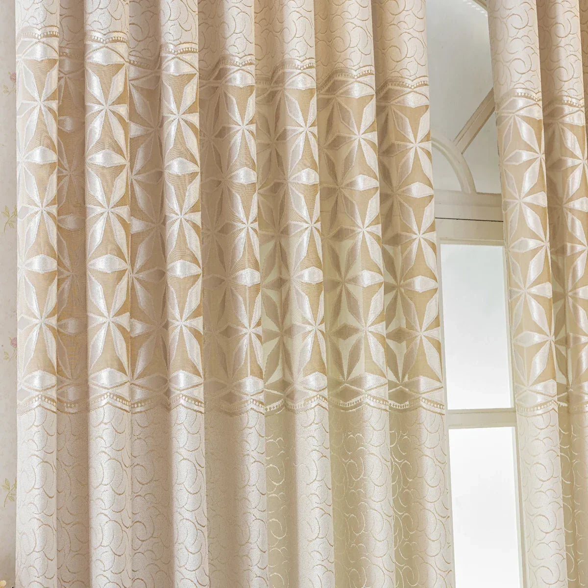 Beige Velvet Blackout Curtain Panel with Geometric Embroidery – view 6