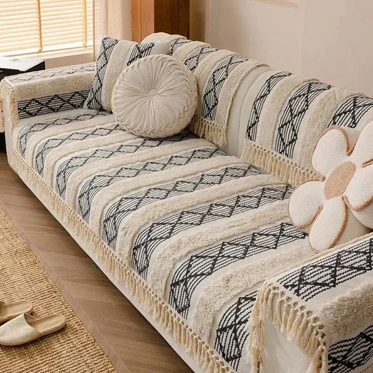 Blue & Beige Boho Cotton-Linen Sofa Protector