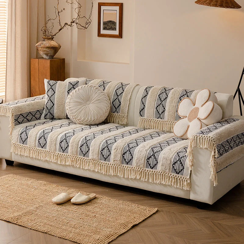Blue & Beige Boho Cotton-Linen Sofa Protector – view 2