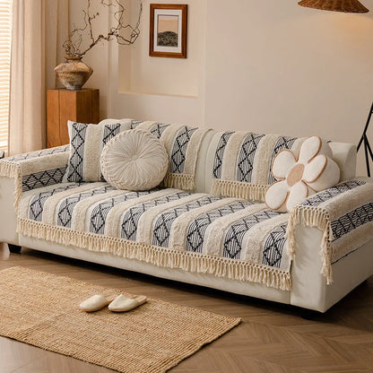 Blue & Beige Boho Cotton-Linen Sofa Protector – view 2