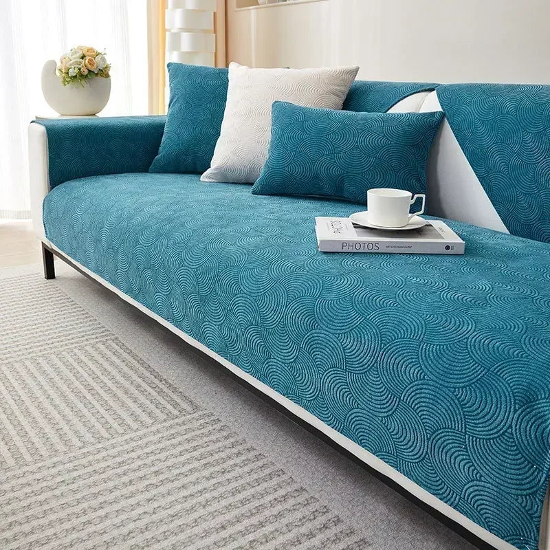 Blue Chenille Jacquard Non-Slip Sofa Cover