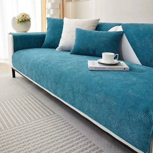 Blue Chenille Jacquard Non-Slip Sofa Cover