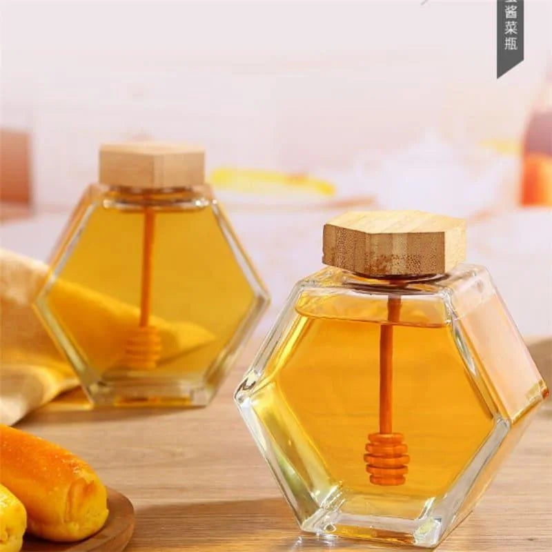 Borosilicate glass honey jar with wooden lid and dipper – view 5