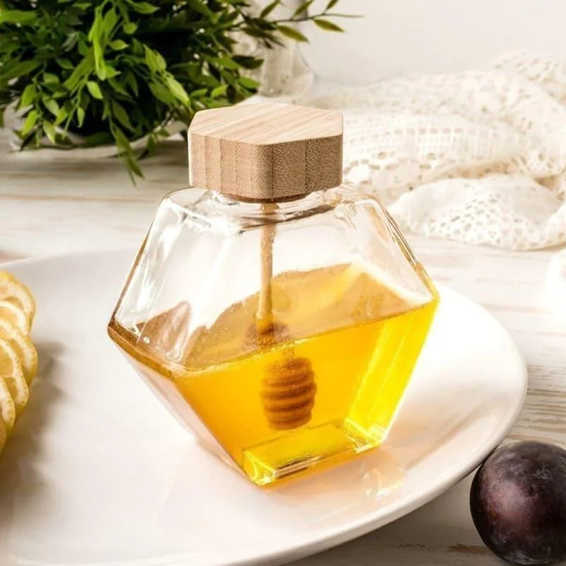 Borosilicate glass honey jar with wooden lid and dipper – view 9
