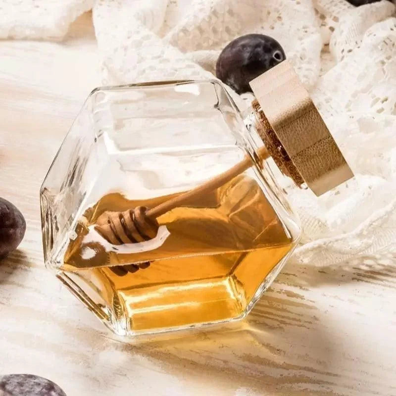 Borosilicate glass honey jar with wooden lid and dipper – view 10
