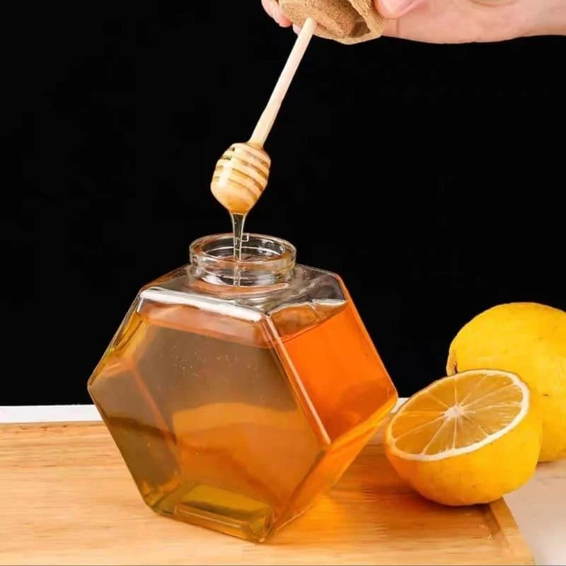 Borosilicate glass honey jar with wooden lid and dipper – view 12