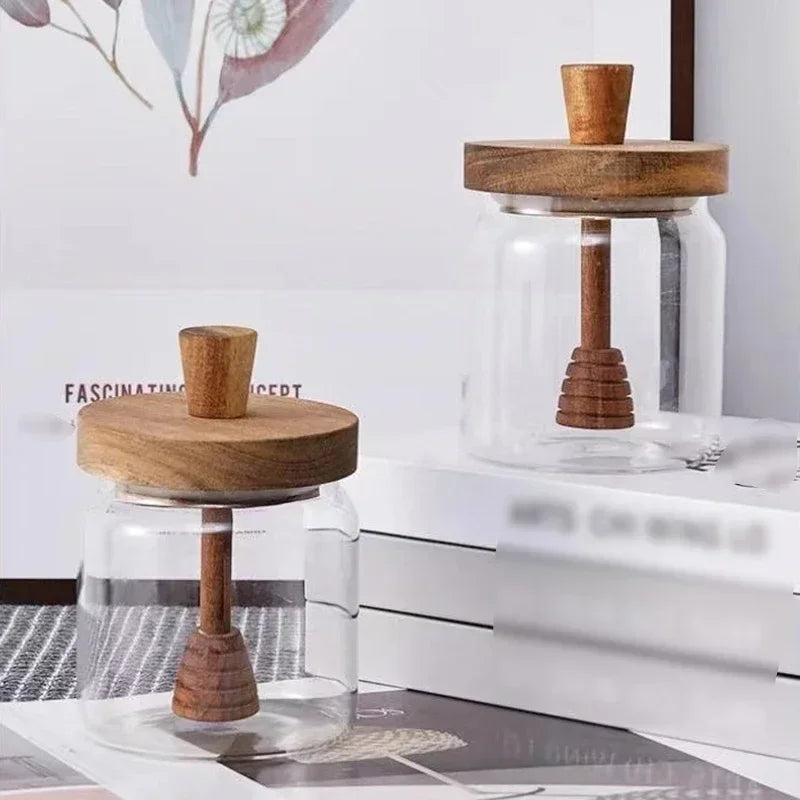 350ml Borosilicate Glass Honey Jar with Wooden Lid & Dipper