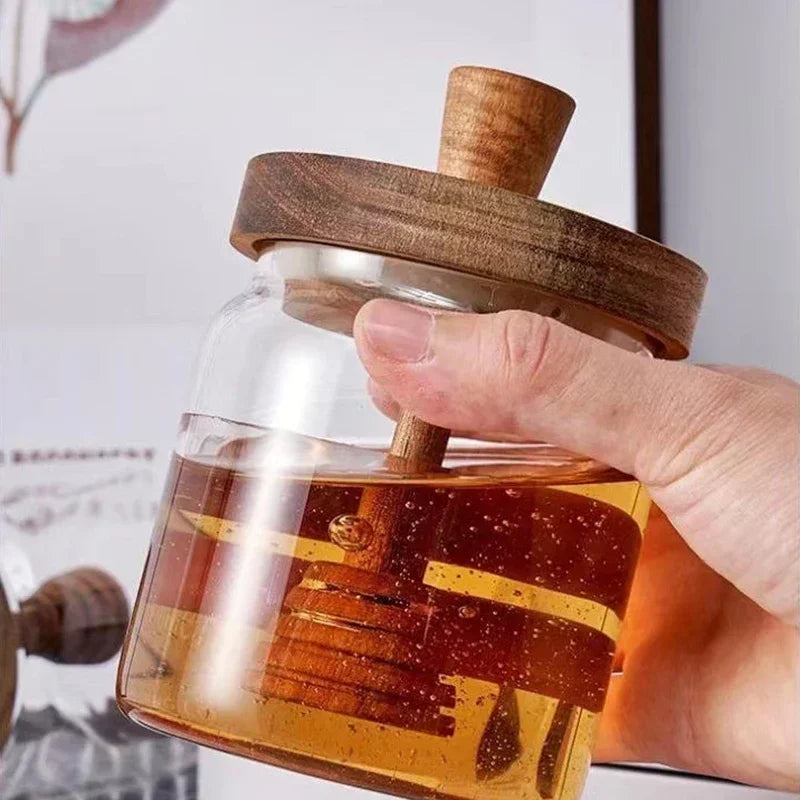 350ml Borosilicate Glass Honey Jar with Wooden Lid & Dipper – view 2