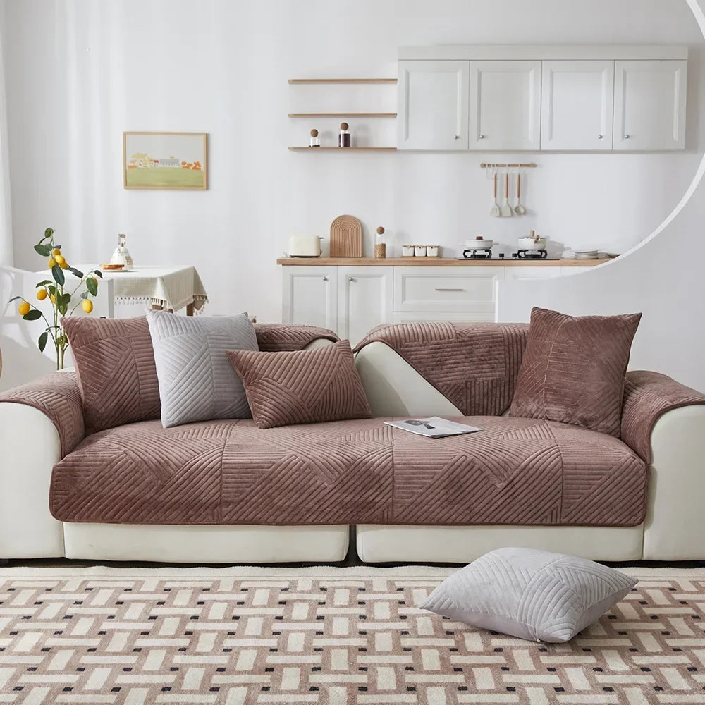 Brown Crystal Velvet Non-Slip Sofa Protector