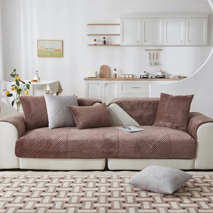 Brown Crystal Velvet Non-Slip Sofa Protector